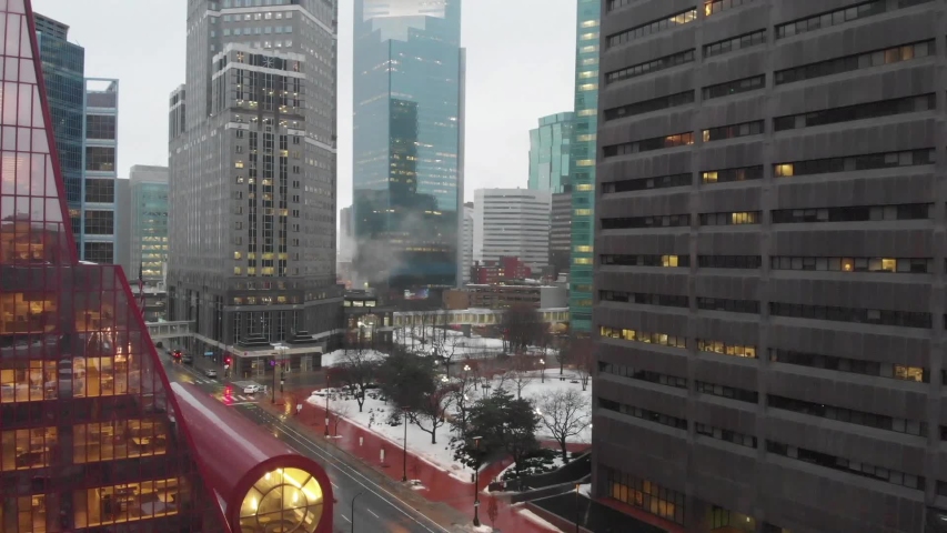 Aerial footage at downtown Minneapolis during a rainy day