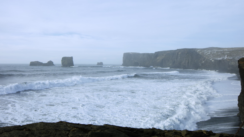 Crashing Waves, Rugged Iceland Coast, Dyrholaey Arch.