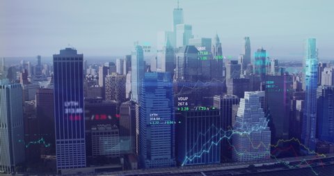 Incredible aerial view of New York City skyline coming to life with animated financial information related to stock market, stocks, trading, candlestick pattern, bear market, bull market, trading.
