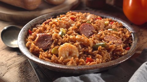 A bowl of delicious Cajun style Jambalaya with shrimp, sausage and chicken.