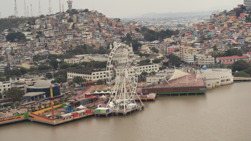 Aerial view of the sunrise on Cerro Santa Ana in Guayaquil City with view of the river. Ecuador