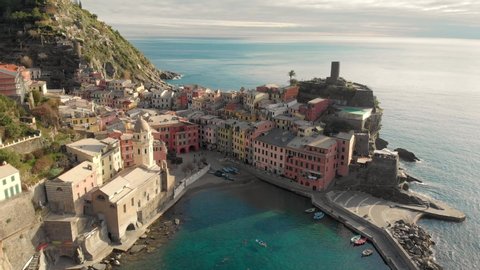 Aerial view of Vernazza, the famous Cinque Terre town, Liguria, Northern Italy