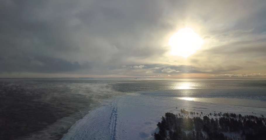 Still aerial shot overlooking White Fish Point on Lake Superior
