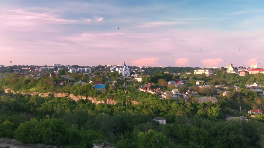 Hot air balloon over the old town