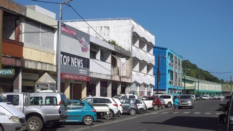 UTUROA, RAIATEA/FRENCH POLYNESIA - MARCH 26, 2019: Shops along main street, Uturoa town centre, Raiatea, French Polynesia