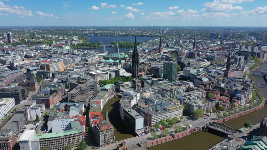 Aerial view of cityscape of Hamburg, famous harbour city in Germany - landscape panorama of Europe from above