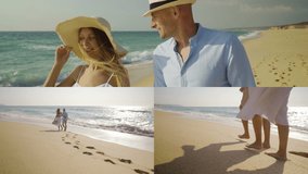 Collage of happy smiling young couple walking along seashore, holding hands, playing with waves, enjoying their time. Holiday, family concept