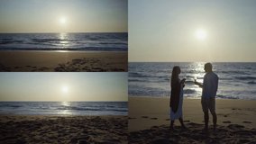 Collage of long shots of happy smiling young couple enjoying time on vacation at seashore at sunset, hugging, twirling, drinking wine. Holiday, family concept