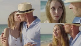 Collage of different shots of happy smiling young couple sitting on sand at seashore at sunset, looking at each other, hugging, kissing. Holiday, family concept