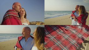 Collage of different views of happy smiling young couple standing at seashore at sunset covered with plaid, lying in it, looking at sea, hugging, kissing. Holiday, family concept