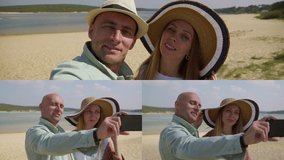 Collage of happy smiling young couple on vacation at seashore, making selfie on phone, posing, kissing. Holiday, family concept