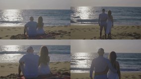 Collage of rear views of happy smiling young couple sitting on sand and standing at seashore at sunset, looking at sea, hugging. Holiday, family concept