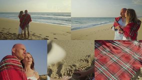 Collage of different views of happy smiling young couple standing at seashore at sunset covered with plaid, lying in it, looking at sea, hugging, kissing, writing on sand. Holiday, family concept