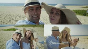 Collage of medium and close up shots of happy smiling young couple enjoying time on vacation at seashore, making selfie  on phone, having video chat. Holiday, family concept