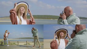 Collage of long and medium shots of happy young couple on vacation at seashore, man making photo of his wife posing on camera. Family, holiday concept