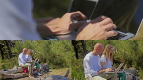 Collage of long, medium and close up shots of happy young couple on vacation in forest, sitting on fallen tree, holding laptops on knees, working. Holiday, modern technology concept
