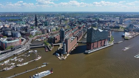 Aerial view of cityscape of Hamburg, famous harbour city in Germany, harborside quarter HafenCity, ships and boats on water - landscape panorama of Europe from above