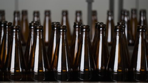 Glass bottles at the plant. Conveyor belt with empty brown glass bottles. The production process of alcoholic beverages. Technologies in the industrial enterprise. Close up