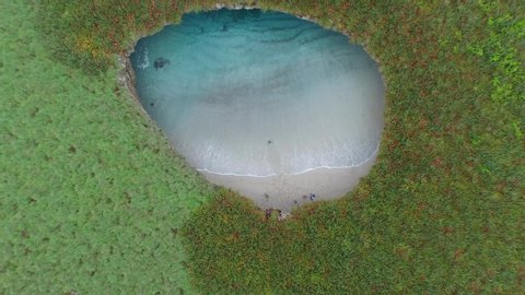 Aerial cenital shot of the hidden beach in the Marietas Islands, Nayarit, Mexico