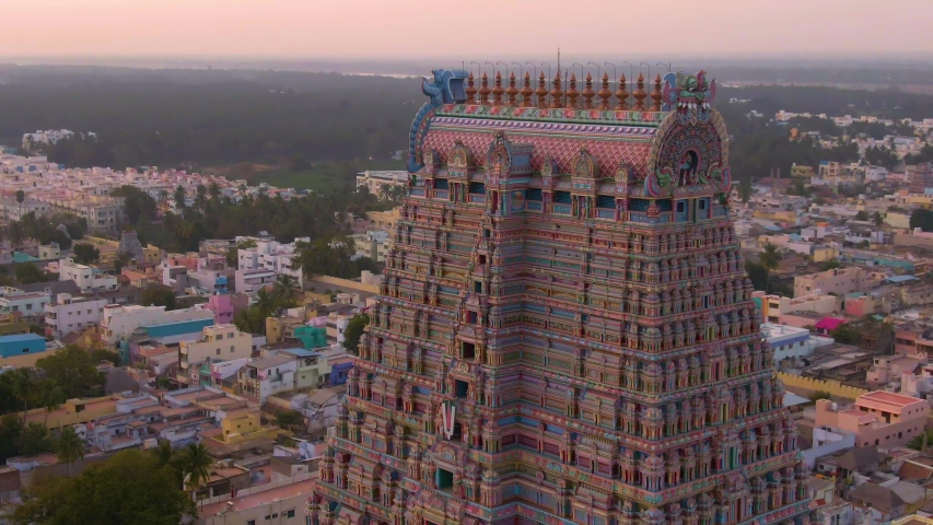 South India "Gopuram" at Srirangam Trichi, India, 4k aerial 