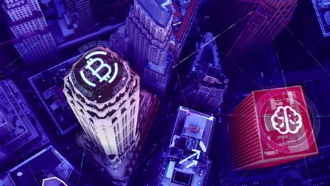 Aerial of New York internet AI bitcoin bank security network, connecting buildings. 4K 