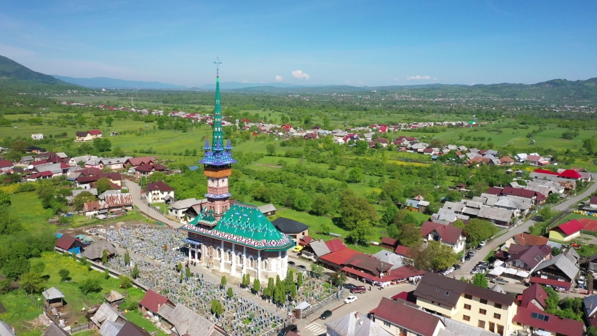 Maramures Romania Merry Cemetery. Shooting from the air Royalty-Free Stock Footage #1030007513