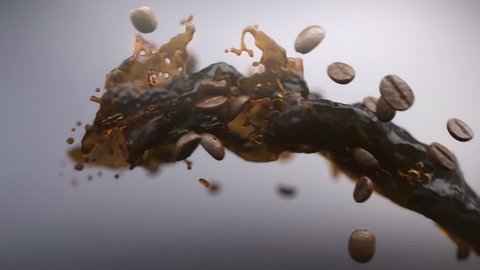 Coffee splash with coffee beans. Slow motion.