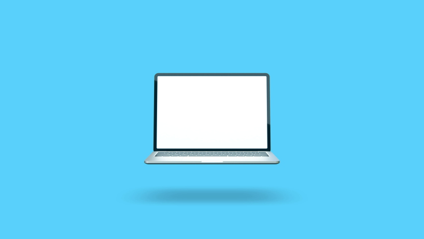 Modern aluminum laptop with shadow. 3d render animation on colorful background. Rotate body with open display animation. Display turns On.