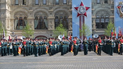 MOSCOW, RUSSIA - MAY 07, 2019: Rehearsal of the Victory Day celebration (WWII). Rehearsal of parade - ceremonial March of soldiers on Red Square. Cadet corps of the Investigative Committee
