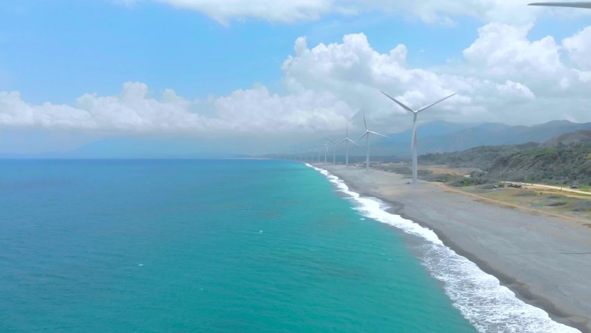 Wind power generation facilities with turbines located on the seashore, Ilocos Norte Philippines