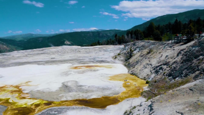 A lateral pan shot looking down over Mammoth Springs in Yellowstone National Park.
