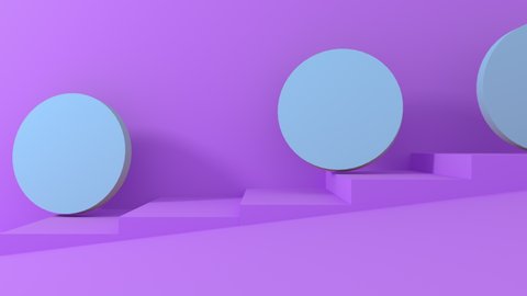 3d blue round objects roll down the purple pastel stairs. 4K render animation footage.