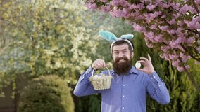 Hunting egg and funny Easter day. Bearded man wearing bunny ears and having Easter Eggs. Surprised bunny man wearing bunny ears