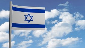 israeli flag on sky background with white clouds, computer 3d animation, render video