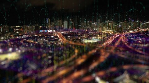 Aerial view of Night city traffic in 4K with beautiful bokeh and Wireless network, 5G data communication,mobile technology concept, cloud computing, artificial intelligence, Ai technology 