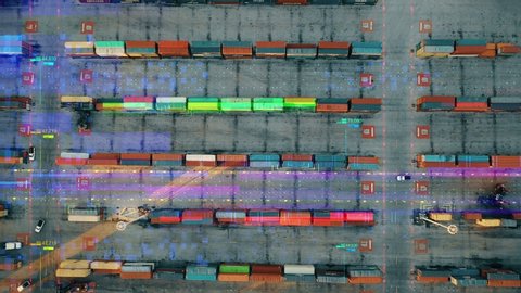4K aerial view of modern industrial port with containers from top view with futuristic 5G network and technology. Port with Ai data communication, technology concept, artificial intelligence, digital 