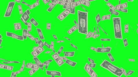 Animation of dollar bills falling on green screen or chroma key, concept of business success, inflation, rich, millionaire, lottery and abundance. Money rain 3D background in 4k.