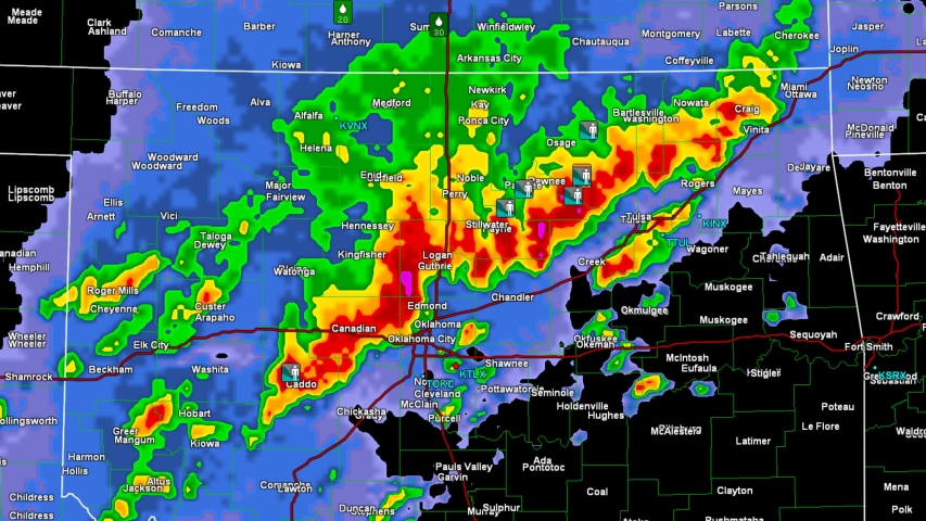 Doppler weather radar showing severe thunderstorm outbreak with tornado
