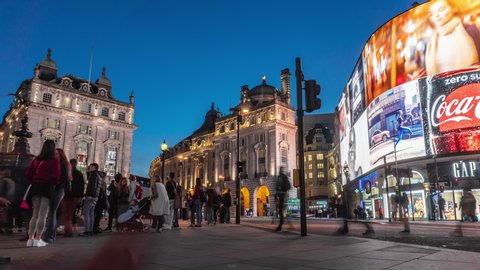 London, United Kingdom - May 13, 2019: Time lapse night scene of Piccadilly Circus in London, UK