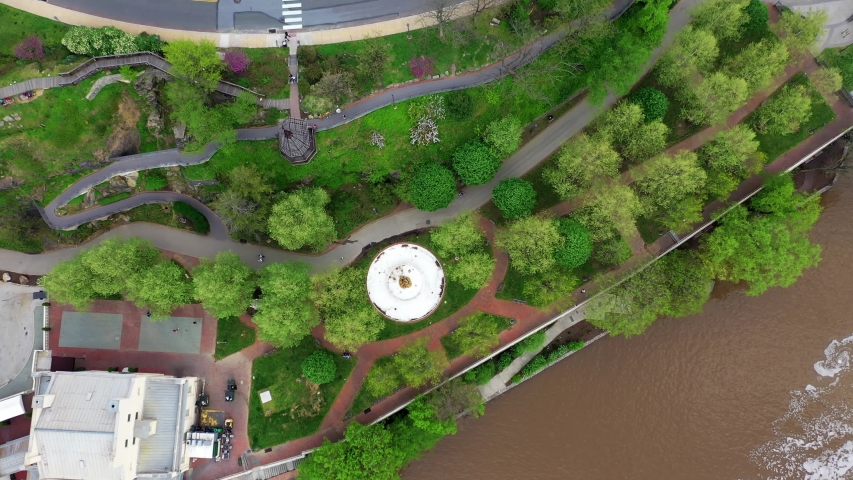 Top down aerial shot, showing the park behind the museum of art in Philadelphia with a interesting path.