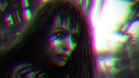 Prisoner witch girl in dungeon turns head and looks at camera. Glitch effect. Dark 2D animation in genre of horror fantasy. Animated 4K video clip for creepy Halloween. Black and white background.  - Powered by Shutterstock - Get 15% off with code: PIKWIZARD15