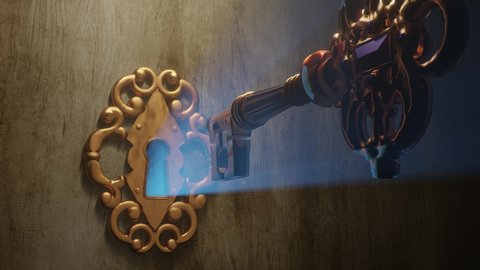 A golden brass key unlocks the old door lock with the light shining through the keyhole. The door opens and it reveals the green screen that fills the frame.