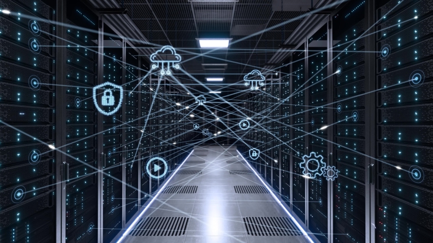Data Center server connections cloud storage multimedia icons and cyber security walk through visualization | Shutterstock HD Video #1030077359
