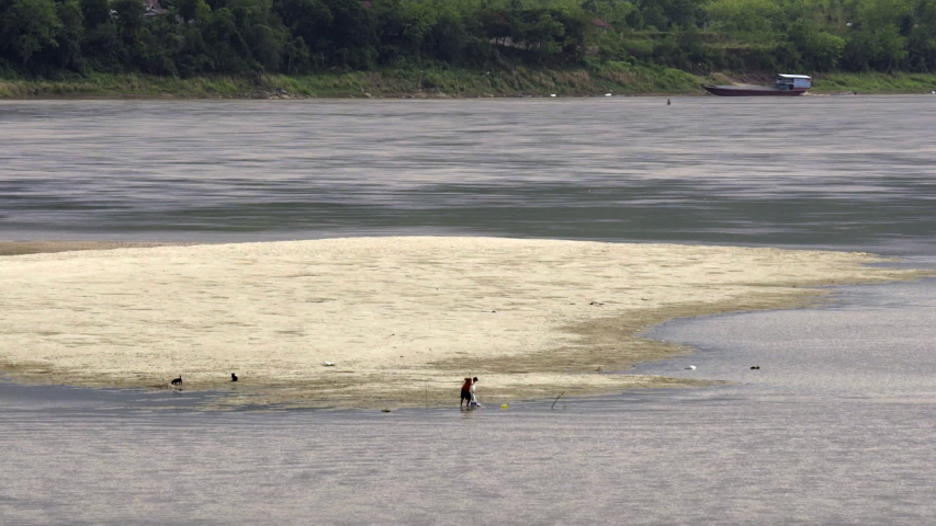 Male in distance working in low tide along sand banks of Laos river. Few dogs exploring around sand banks & shallow waters edge.