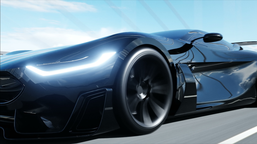 3d model of black futuristic car on the bridge. Very fast driving. Concept of future. Realistic 4k animation. | Shutterstock HD Video #1030085342