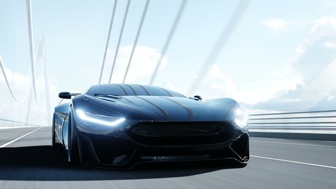 3d model of black futuristic car on the bridge. Very fast driving. Concept of future. Realistic 4k animation.