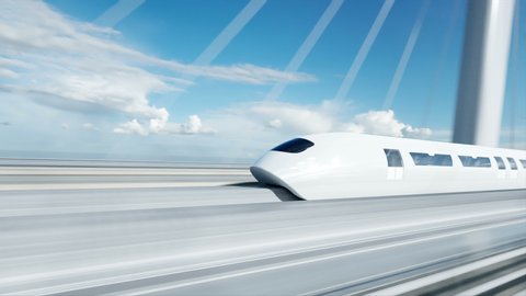 3d model of futuristic passenger train on the bridge. Very fast driving. Future concept. Realistic 4k animation.