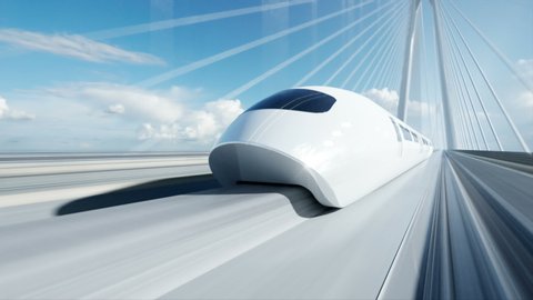 3d model of futuristic passenger train on the bridge. Very fast driving. Future concept. Realistic 4k animation.