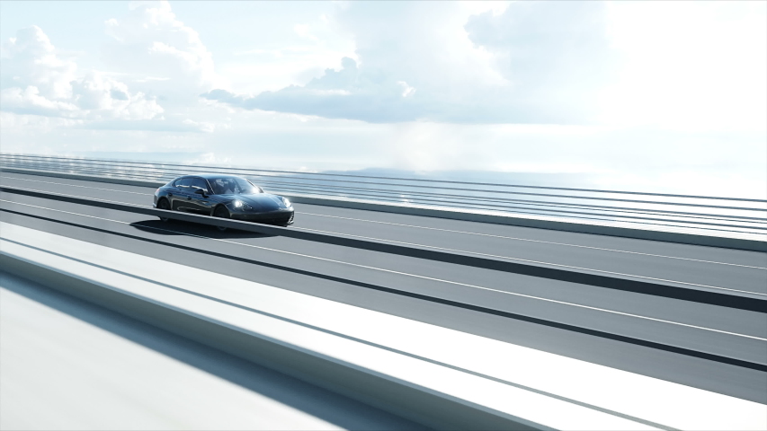 3d model of black sport car on the bridge. Very fast driving. realistic 4K animation. | Shutterstock HD Video #1030085759
