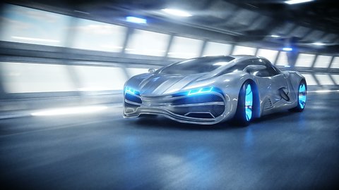 futuristic car fast driving in sci fi tunnel, coridor. Concept of future. Realistic 4k animation.